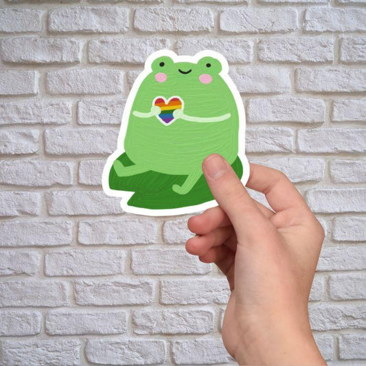 Frog Holding Gay Pride Heart Sticker - Sticker - Free 2 B