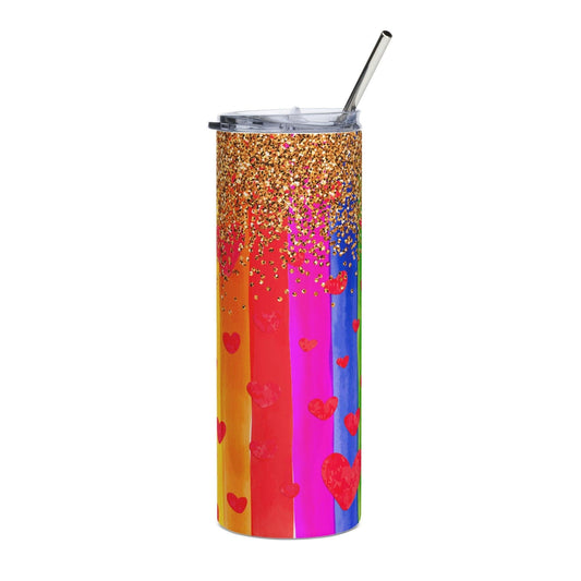 Rainbow Hearts and Dripping Gold Glitter Tumbler - Tumbler - Free 2 B