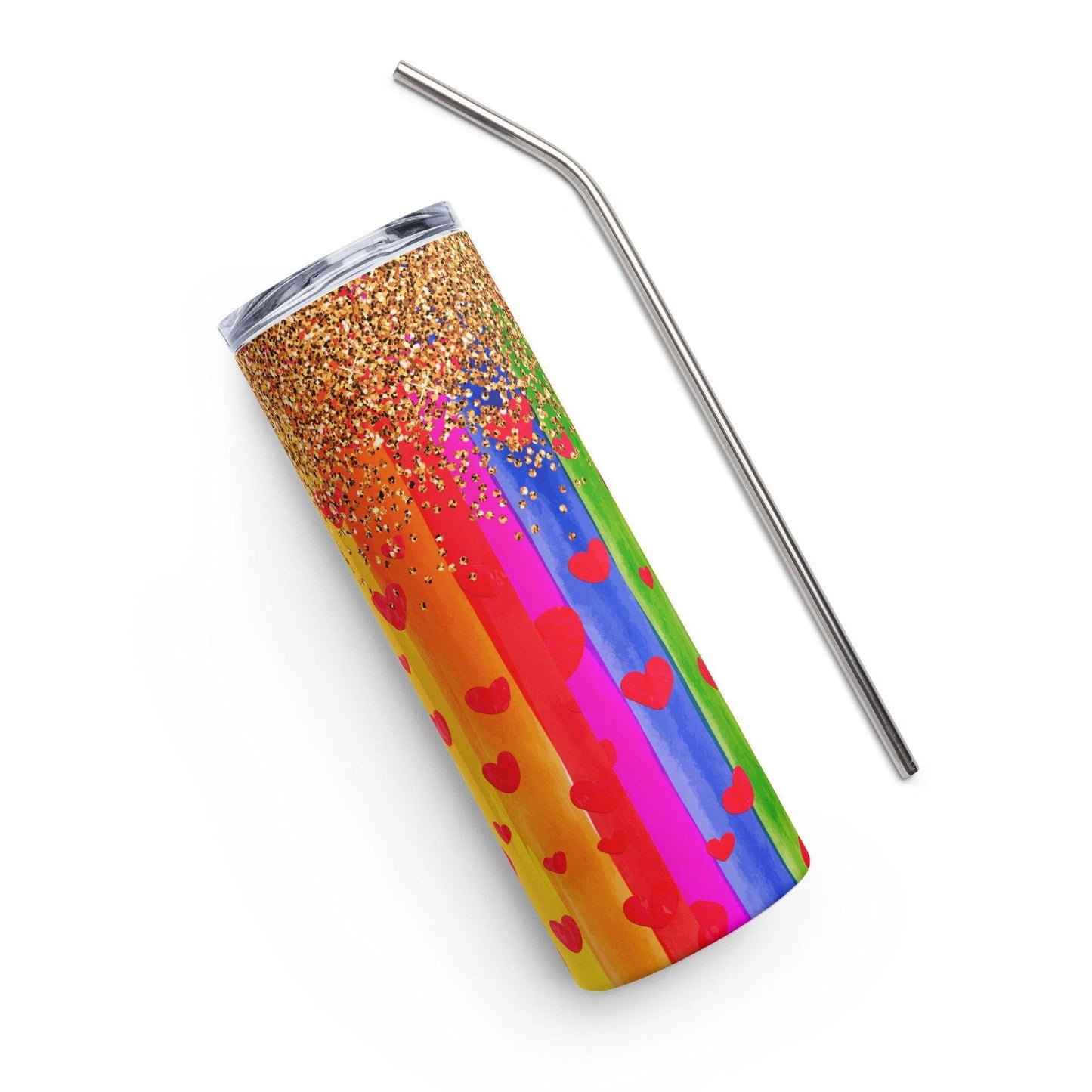 Rainbow Hearts and Dripping Gold Glitter Tumbler - Tumbler - Free 2 B