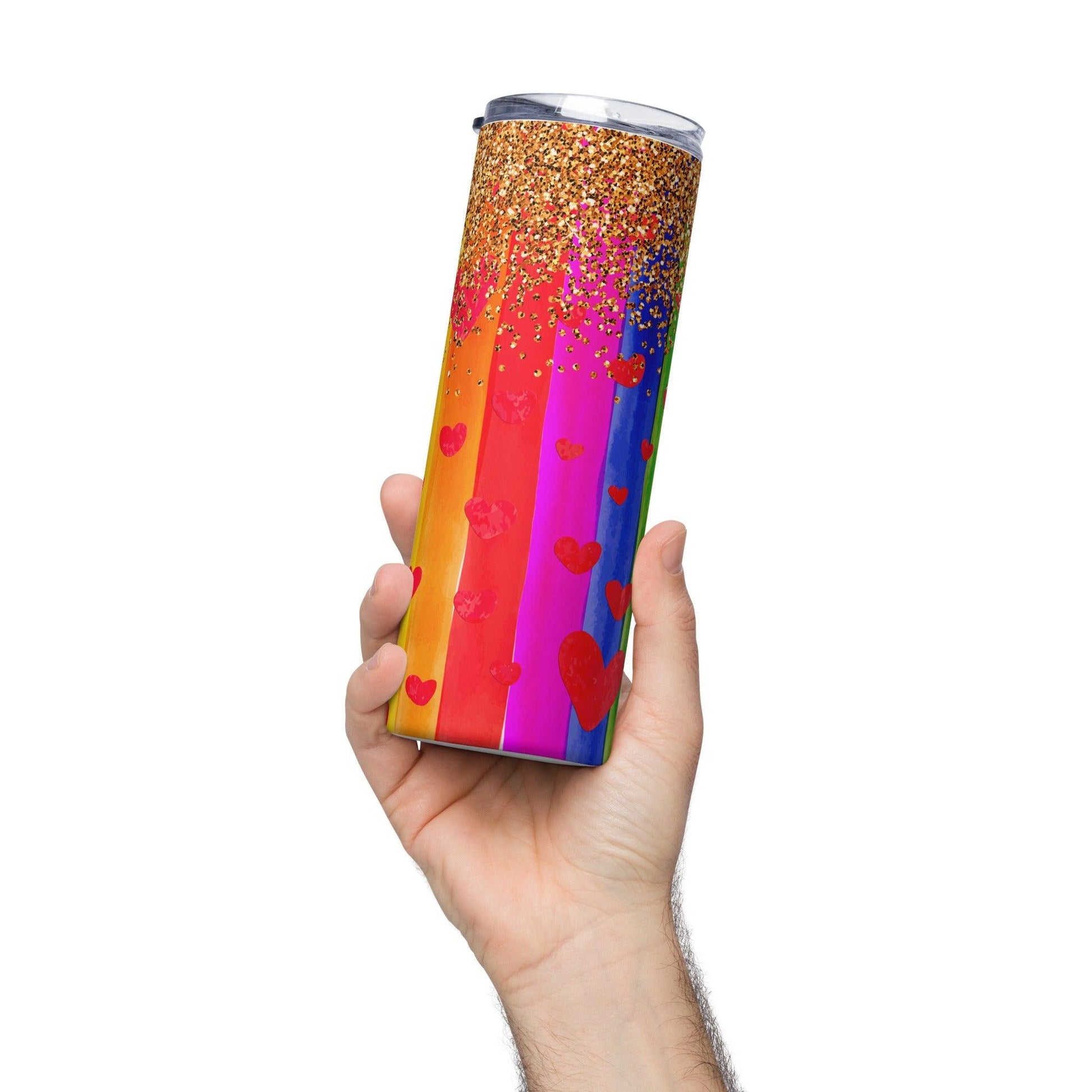 Rainbow Hearts and Dripping Gold Glitter Tumbler - Tumbler - Free 2 B