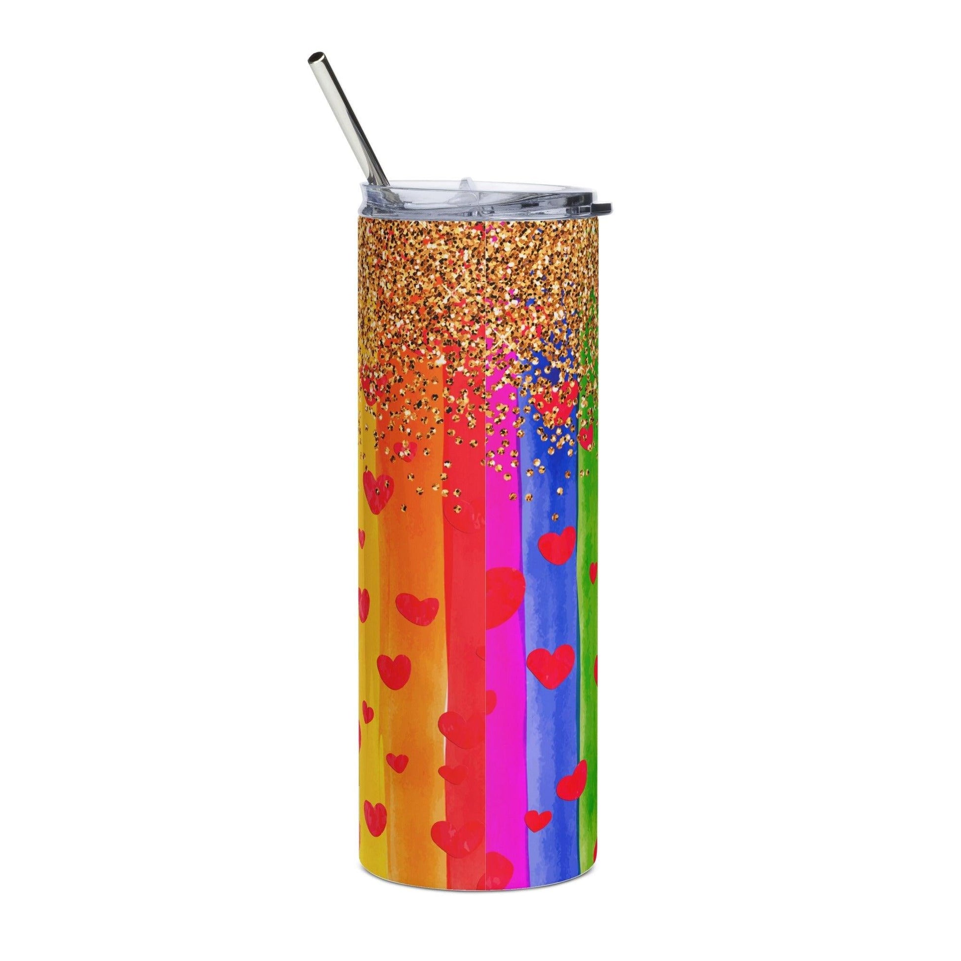 Rainbow Hearts and Dripping Gold Glitter Tumbler - Tumbler - Free 2 B